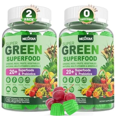 Super Greens Multivitamin Gummies, Daily Greens Superfood Gummies w/Spirulina, Chlorella, Multivitamins, Prebiotic Fiber, Adaptogens, Support Digestive & Gut Health, Immunity, Focus & Energy, 120Cts