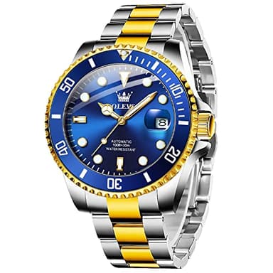 OLEVS Automatic Watch for Men Blue Face Stainless Steel Watches Luxury Large Wrist Silver Gold Men's Self Winding Mechanical Watch with Calendar Date Fancy Waterproof Glow in The Dark Mens Wristwatch