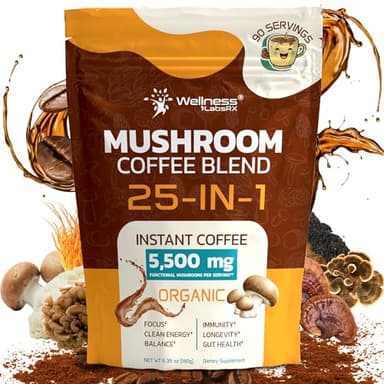 Mushroom Coffee Organic Instant Coffee, 25-in-1, Third-Party Tested Keto Friendly Lions Mane Supplement with Functional Mushrooms – Shiitake, Reishi, Lion’s Mane & More | Smooth, Rich Flavor - 90 Servings