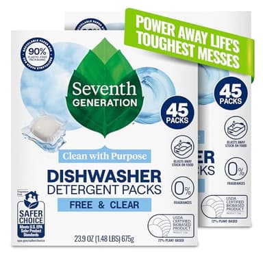 Seventh Generation Dishwasher Detergent Packs Free & Clear Pack of 2 for sparkling dishes Dishwasher tabs 45 count