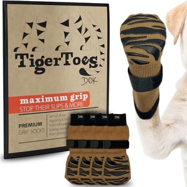 DOK TigerToes Premium Non-Slip Dog Socks for Hardwood Floors - Extra-Thick Grip that Works Even When Twisted - Prevents Licking, Slipping, and Great for Dog Paw Protection (Cool Caramel, Large)