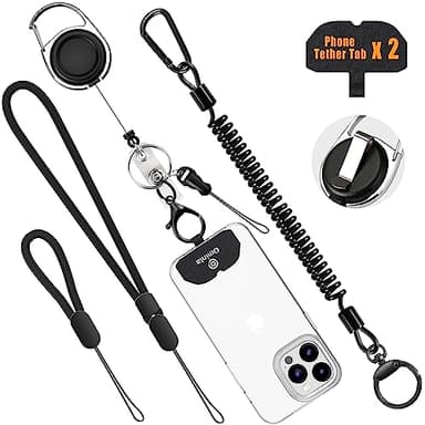 Ominia Retractable Phone Tether Lanyard: Anti-Theft Retractable Cellphone Lanyard with Universal Cellphone Tether Cord Wrist & Finger Strap Phone Cord Tabs
