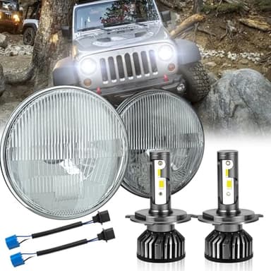 HMCYCI 7 Inch H6024 Glass Round Headlight Housing with H4/9003 LED Bulbs, High Low Beam Sealed Conversion Kit, Classic OEM Look (H6024)