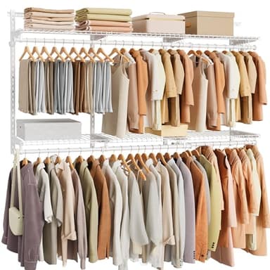 SONGMICS HOME Closet System, Closet Insert Organizer, 4-8 ft, Adjustable Metal Shelving Unit with 6 Hanging Rods, 6 Shelves, and Hooks, for Pantry Mudroom Garage Basement, Cloud White URGR032W01