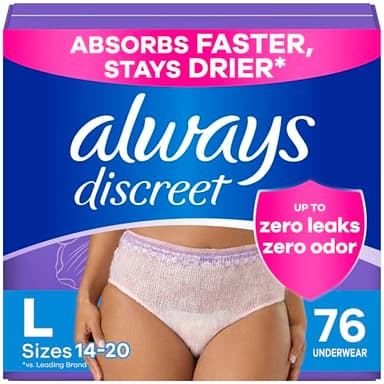 Always Discreet Adult Incontinence Underwear for Women and Postpartum Underwear, Large, Up to 100% Bladder Leak Protection, 76 Count (2 Packs of 38)