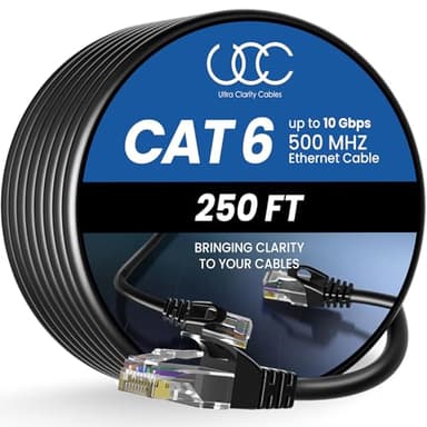 Ultra Clarity Cables Cat 6 Ethernet Cable 250 ft, Outdoor&Indoor 10Gbps Ethernet Cable, High Speed Cat6 Cable RJ45 LAN Internet Cable for Computer, Router, Modem, PS4/5, Xbox, Gaming - Black