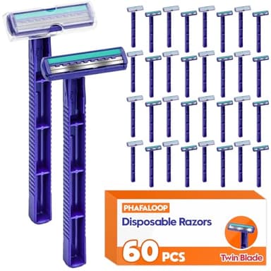 Phafaloop Twin Blade Disposable Razors for Men & Women – Bulk 60 Pack Stainless Steel Shavers with Lubricating Strip, Safety Cap & Non-Slip Handle for Sensitive Skin, Travel, Hotel, Charity – Blue