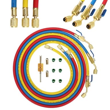 29986 Plus II 1/4" HVAC Hose with Compact Ball Valve,72" Low Loss Refrigerant Hose for R410a R134a R22 R407C R12 R502,Ac Manifold Hoses with Standard 1/4" Flare Fittings,Yellow/Red/Blue (3 Pcs)