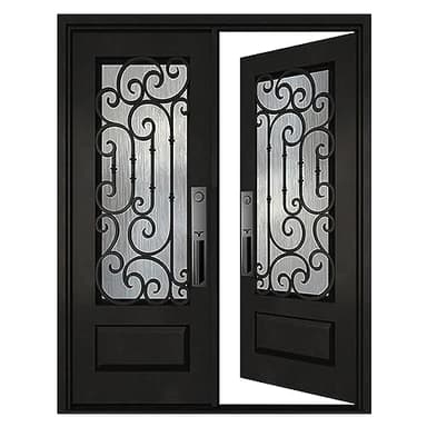 BGW Doors Matte Black Iron Double Front Entry Door with Tempered Privacy Glass, Prehung Pre-Finished Exterior Door, Right Inswing, 30x30x80