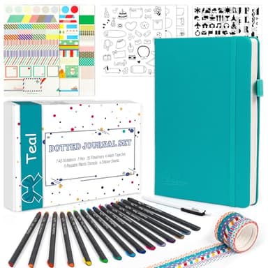 feela Dotted Journal Kit, Dot Grid Journal Hardcover Planner Notebook Set For Beginners Women Girls Note Taking with Journaling Supplies Stencils Stickers Pens Accessories, A5, 224 Pages, Teal
