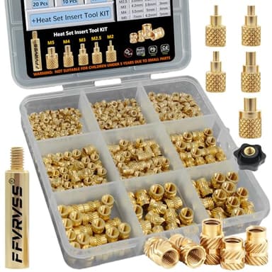FFVRVSS 320+6Pcs M2 M2.5 M3 M4 M5 Premium Brass Threaded Inserts, Metric Brass Knurled Nuts Assortment Kit, with Heat Set Insert Tool, for Plastic and 3D Printing Components, All-in-one