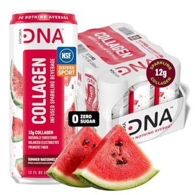 HYDRADNA- Sparkling Liquid Collagen Protein Water Drink Balanced Nutrients for Wellness - Sugar-Free - Keto-Friendly - No Gluten (12 Pack) Watermelon