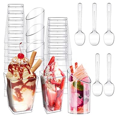 Funtery 300 Pack 3oz 5oz Mini Dessert Cups with Spoons Bulk Clear Plastic Slanted Round Parfait Appetizer Cup for Desserts Shooters(3 Styles)