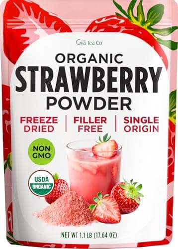 Gya Tea Co Organic Freeze Dried Strawberry Powder 1.1 lb (17.64 oz) - No Sugar Added, Non GMO, Gluten Free - Great Flavor for Milk, Baking, Drinks, Smoothies & Cakes, Vegan Friendly