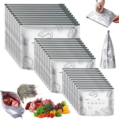 30Pcs Reusable Aluminum Foil Sealable Storage Bags, 2025 New Vacuum Zipper Pouches for Food with Label and Zip Lock, Aluminum Foil Bags for Food, Vegetable Fruit Meat (10*S+10*M+10*L)