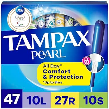Tampax Pearl Tampons for Women Multipack, with LeakGuard Braid, Light/Regular/Super Absorbency, Unscented, 47 Count