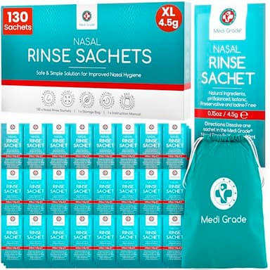 Medi Grade Sinus Rinse Packets – Nasal Rinse Essentials Kit of 130 x Salt Packets and Convenient Storage Bag - Enjoy Effortless Nasal Irrigation at Home or On the Go with Our Neti Pot Salt Packets