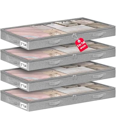 punemi 3-Inch Low Profile Under Bed Storage Containers，No-Structure, Soft Foldable Zippered Underbed Cloth Blanket Storage bins — Fits Under Crib, Couch，Sofa or Dorm bed, 4-Pack, 20x40x3in