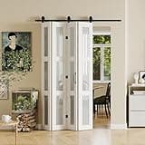 SOLRIG Bi-Folding Barn Door, 48"（24" x 2） x 84", 3 Lites Frosted Glass Panels with Multi-fold Sliding Hardware Kit, Accordion Style Design, Pre-drilled Closet Door Slab, 4.3FT Track for 4 Doors