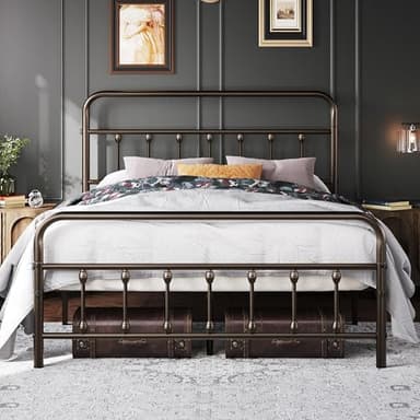 Topeakmart Queen Size Victorian Style Metal Bed Frame with Headboard/Mattress Foundation/No Box Spring Needed/Under Bed Storage/Strong Slat Support Bronze
