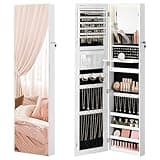 SONGMICS 55 Inches Tall Spacious Jewelry Cabinet, Jewelry Armoire with Light-Up Interior Mirror, Wall or Door Mounted Jewelry Storage Organizer, Lockable, Gift Idea, Cloud White UJJC032W01