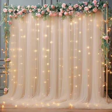 10x10ft Champagne Tulle Backdrop Curtain with Lights String for Parites, Sheer Backdrop Curtains for Wedding Baby Shower Birthday Party Photo Shoot Decorations