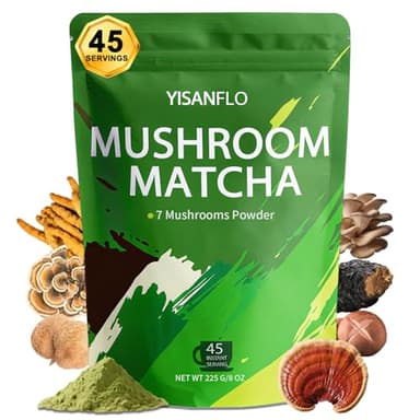 YISANFLO 7-in-1 Mushroom Matcha for Energy, Focus, Digestion, Immunity, Turkey Tail, Shiitake, Lion's Mane, Ceremonial-Grade Matcha Mushroom Powder 8 Oz(45 Servings)