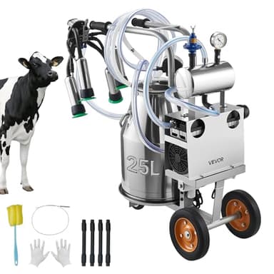 VEVOR Electric Cow Milking Machine, 6.6 Gal / 25 L 304 Stainless Steel Bucket, Food-Grade Teat Cups and Silicone Hose, Strong Suction, Vacuum Pulsation, Electric Milker Machine with Wheels for Cow