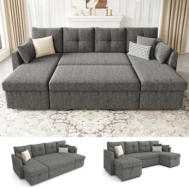 Huatean Home Oversized Sleeper Couch Sofa, 110 inch 2 in 1 Pull Out Couch with Double Storage Chaise, Sectional Sleeper Sofa Bed with Side Pocket for Living Room, Dark Grey