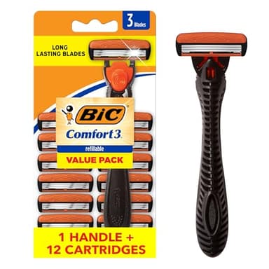BIC Comfort 3 Men's Refillable 3 Blade Razors, Long-Lasting Shave and Pivoting Head, 1 Handle and 12 Cartridges