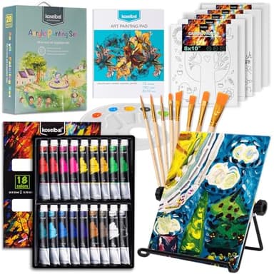 koseibal Acrylic Paint Set for Kids, Art Painting Supplies Kit with 18 Paints, 5 Canvas Panels, 8 Brushes, Table Easel, Etc, Premium Paint Set for Students, Artists and Beginner