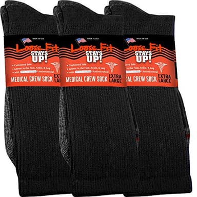 Loose Fit Stays Up Men's and Women's Medical Socks (Pack of 3) Made in USA. Cushioned Sole (Medium, Black)