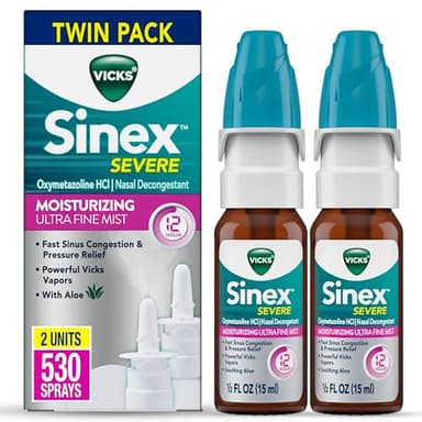 Vicks Sinex Severe Nasal Spray, Moisturizing Ultra Fine Mist with Aloe, Decongestant Medicine, Relief from Stuffy Nose Due to Cold or Allergy, Nasal Congestion & Sinus Pressure Relief, 265 Sprays x 2