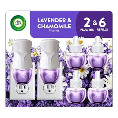 Air Wick Plug in Scented Oil Starter Kit, 2 Warmers + 6 Refills, Lavender & Chamomile, Eco Friendly, Essential Oils, Air Freshener