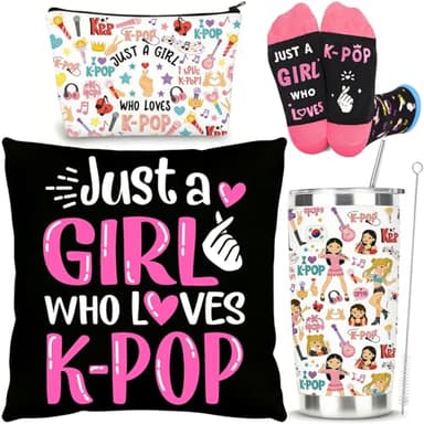 Yaztops Kpop Gift Set Includes 20oz Tumbler, Throw Pillow Cover, Socks & Makeup Bag Just a Girl Who Loves K-pop Room Decor Birthday Gifts for Kpop Music Fans (Black)