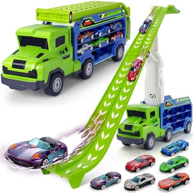 Kids Toys for 3 4 5 6 7 8 Years Old Boys, Carrier Truck Transport Car Toys, Foldable 2 Layer Car Race Track Playset with 25-in Race Track, 6 Metal Toy Cars, Birthday Toy Gift for Toddler Boys Girls
