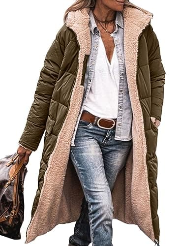 PRETTYGARDEN Women's Long Puffer Jackets 2025 Winter Zip Up Shaggy Fleece Long Hoodie Coats (Light Army Green,Medium)