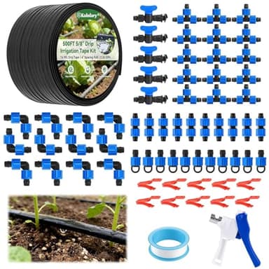 500FT 5/8 Inch Drip Tape Irrigation Kit, Kalolary 16 Mil Reinforced PE Flat Drips Tubing 6" Spacing Roll Landscape Garden Hose with Drip Tape Fittings & Hole Puncher Automatic Garden Irrigation System