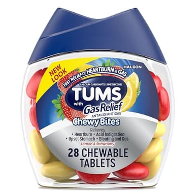 TUMS Chewy Bites Chewable Antacid Tablets with Gas Relief, Lemon & Strawberry - 28 Count