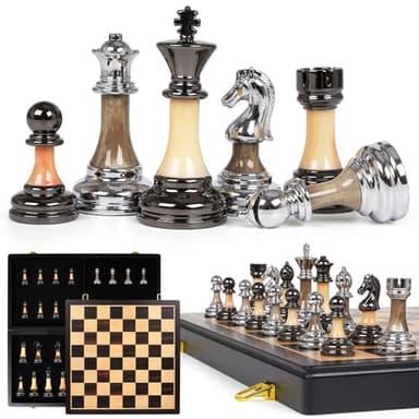 Luxury Large Metal & Acrylic Chess Set with Wooden Chess Board (17”) – Weighted Chess Pieces with 3.5” King, Foldable Tournament Chess Set for Adults & Kids, Professional Chess Game Set