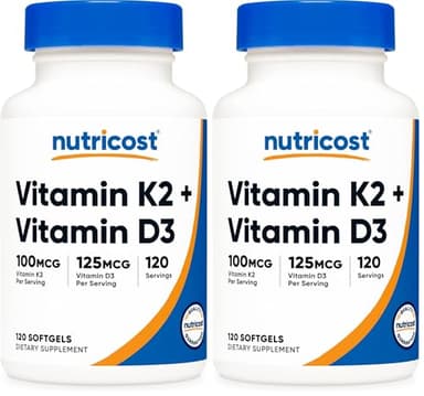 Nutricost Vitamin K2 (MK7) (100mcg) + Vitamin D3 (5000 IU) 120 Softgels - Gluten Free and Non-GMO (Pack of 2)
