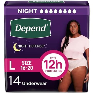 Depend Night Defense Adult Diapers, Incontinence & Postpartum Bladder Leak Underwear for Women, Disposable, Overnight, Large, Blush, 14 Count, Packaging May Vary