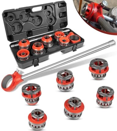 36475 12-R Manual Exposed Ratchet Pipe Threader Set with 6 NPT Die Heads, 1/2" - 2" NPT Portable Ratcheting Pipe Threading Tool Kit with Storage Case for 1/8" to 2" Plumbing Installation and Repair