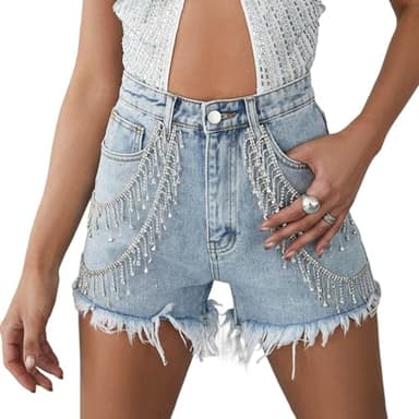 Women's Sparkly Rhinestone Fringe Denim Shorts Y2k High Waisted Cut Off Jeans Shorts Trendy Streetwear (Light Blue, L)