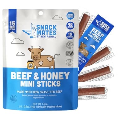 New Primal Snack Mates Beef & Honey Sticks, Healthy Snacks for Kids, Low Sugar High Protein Back to School Snacks, Gluten Free, Mini Jerky Meat Stick, 4g Protein, 50 Calories, 15 Pack