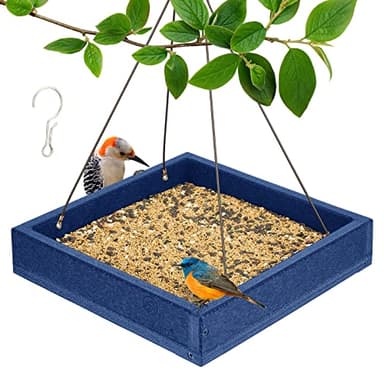 Kingsyard Platform Mealworm Bird Feeder for Outside, Recycled Plastic Hanging Tray Bird Feeders with Large Capacity 3.5 lbs, Premium Quality & Durable, Great for Attracting Wild Birds, Blue