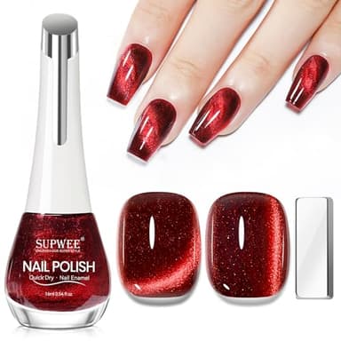 SUPWEE Red Magnetic Nail Polish Non Gel, Red Cat Eye Nail Polish Quick Dry Lacquer Manicure Gift For Women Girls 16ml/0.54 oz