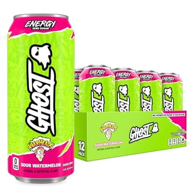 GHOST Energy Drink - 12-Pack, Warheads Sour Watermelon, 16oz - Energy & Focus & No Artificial Colors - 200mg of Natural Caffeine, L-Carnitine & Taurine - Gluten-Free & Vegan