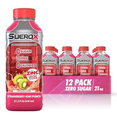 SueroX Zero Sugar Electrolyte Drink for Hydration and Recovery, Unique Blend of Electrolytes & 8 Ions, Zero Calorie Sports Drink, 21.3 Fl Oz, Strawberry-Kiwi Punch, 12 Count