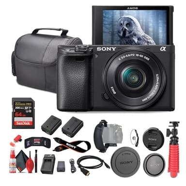 Sony a6400 Mirrorless Camera with 16-50mm Lens with Real-Time Eye Auto Focus, 4K Video (ILCE-6400L/B) + 64GB Memory Card + NP-FW50 Battery + Charger + Case + Flexible Tripod + More (Renewed)
